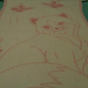 VINTAGE 1970S PINK & WHITE BUTTERFLYS CAT BLANKET